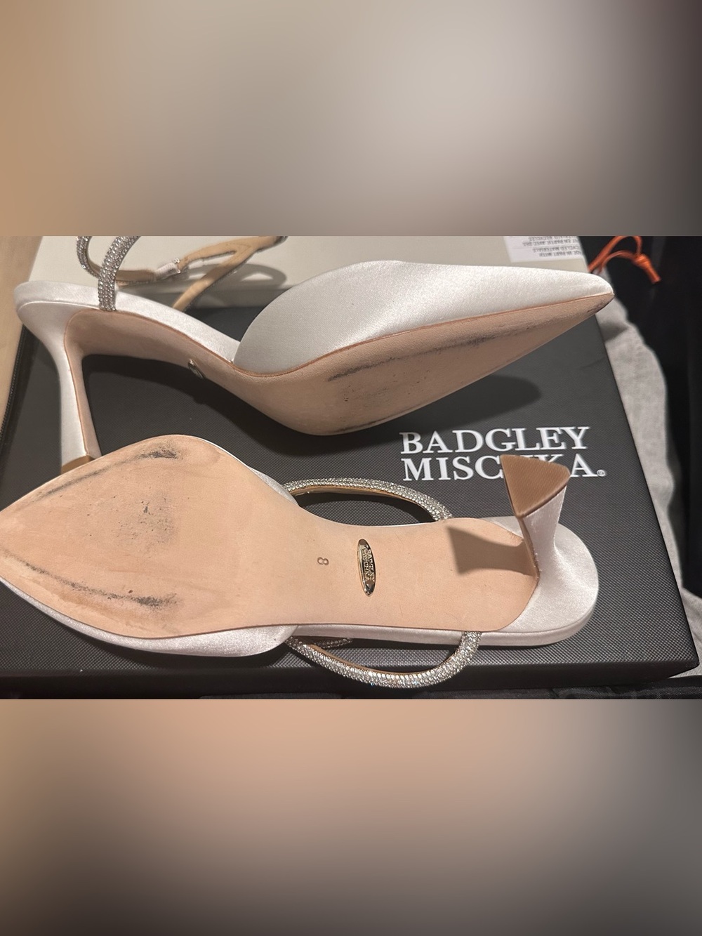 Badgley Mischka Ivory Satin Pointed-Toe Ankle-Strap Heels with Crystal Strap - Picture 5 of 5
